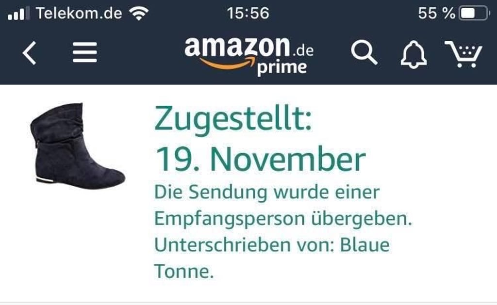 AmazonZusteller legt Paket in blauer Tonne ab