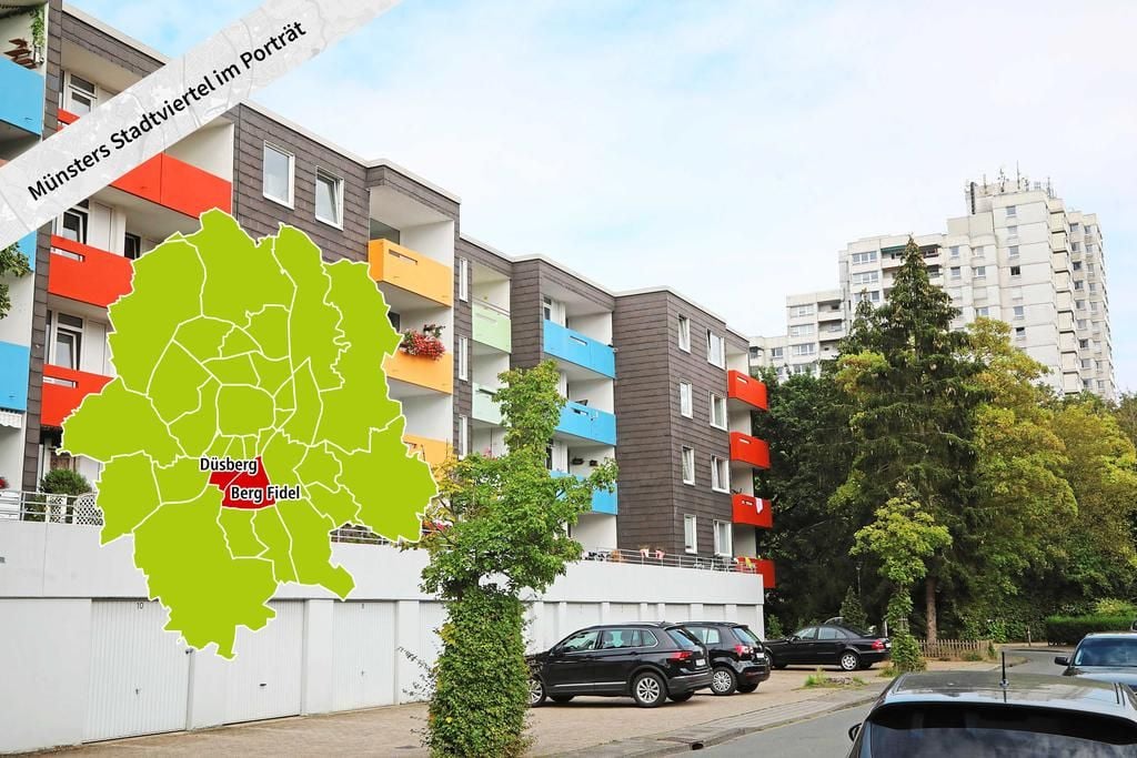 Die Viertel Düesberg und Berg Fidel könnten unterschiedlicher kaum sein. Der "Weiße Riese" (r.) ist seit eh und je Wahrzeichen von Berg Fidel.