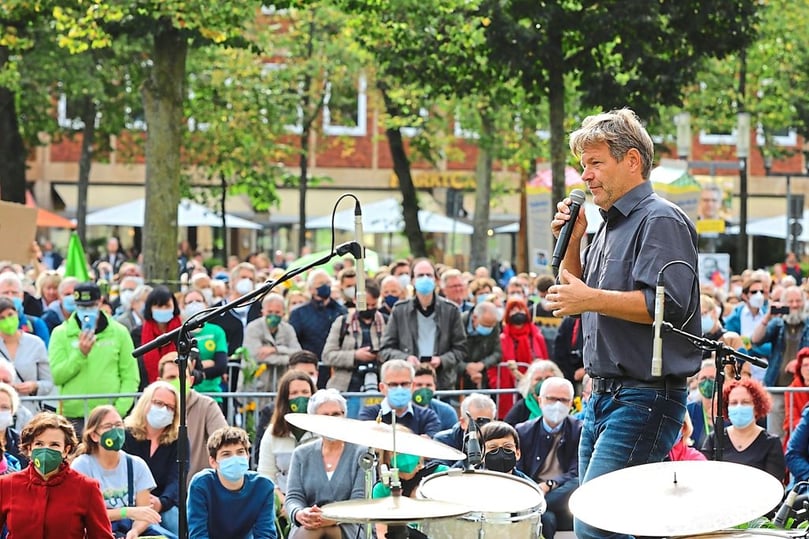 Robert Habeck ist für einen Wahlkampfauftritt nach Münster gekommen.