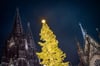 Ein Weihnachtsbaum erstrahlt auf dem Weihnachtsmarkt am Kölner Dom.