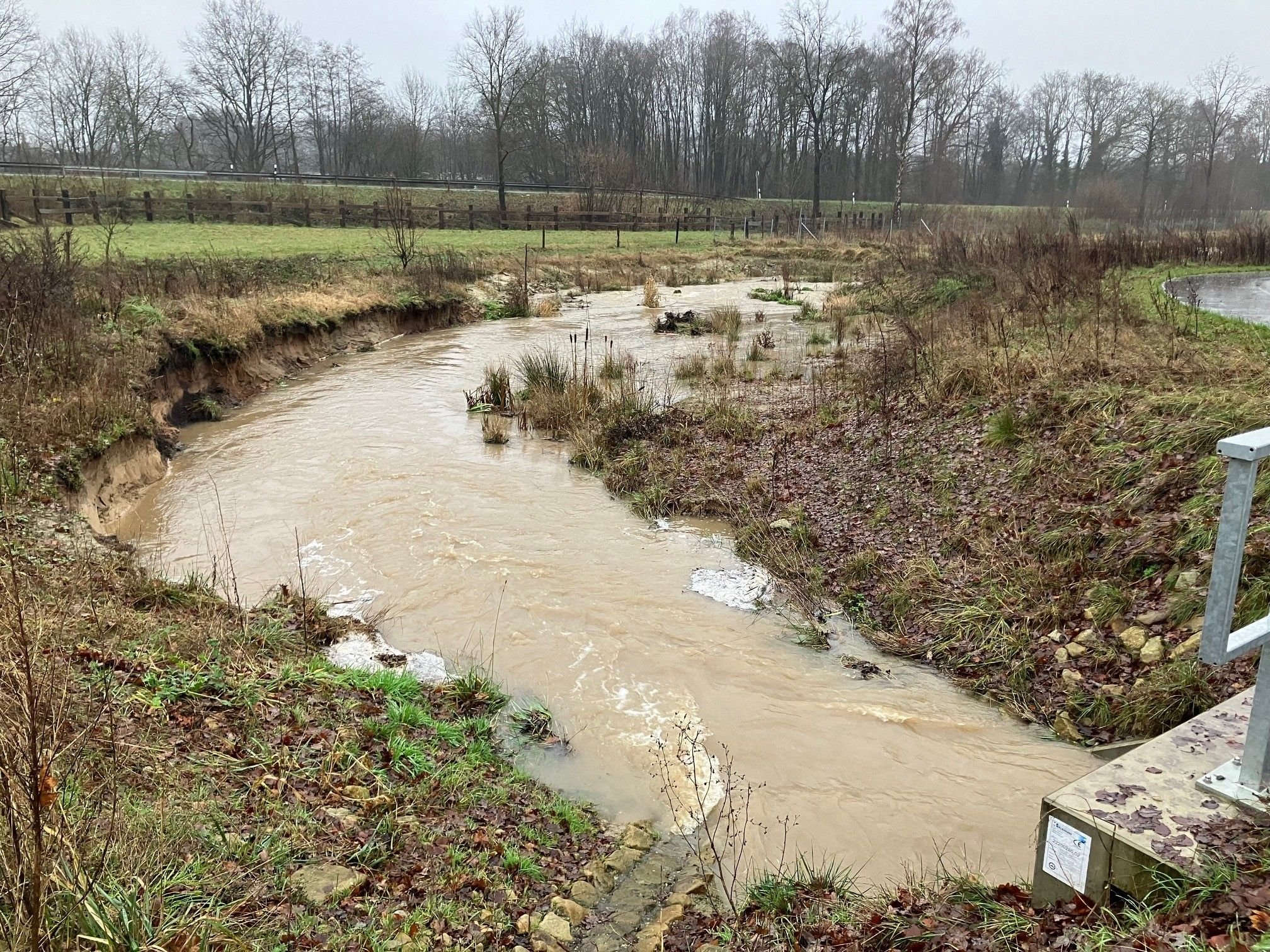 Neugestalteter Laibach in Halle in Höhe Storck bei Dauerregen