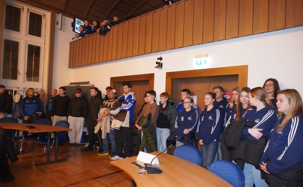 Auf der Zuschauertribüne (kleines Bild) und im Ratssaal verfolgen zahlreiche Sportler die Beratung über Kunstrasenplätze. Die Entscheidung darüber wird allerdings vertragt.