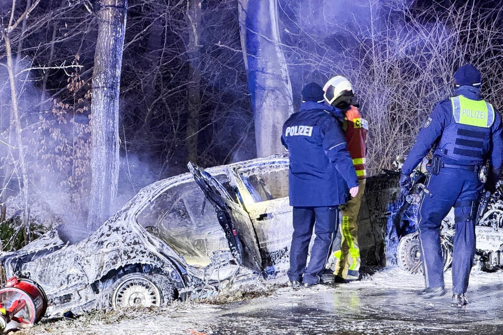 Auto-kommt-von-Stra-e-ab-und-brennt-aus