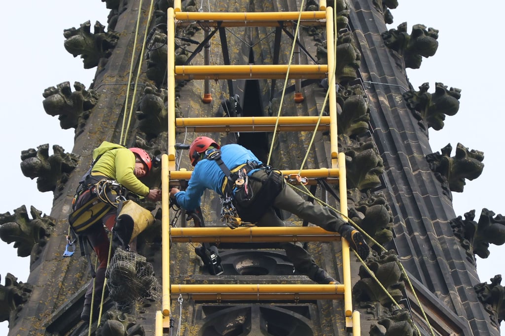 In luftiger Höhe: Kletterer reparieren Himmelsleiter